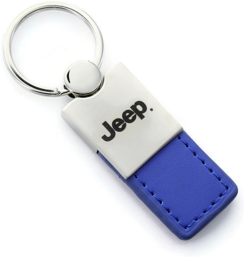Jeep Blue Leather Long Tab Logo Key Ring - Click Image to Close